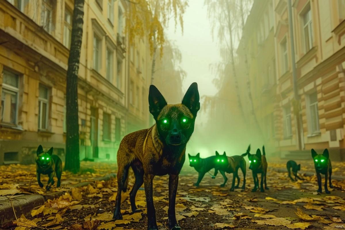An abandoned city, at dusk, illuminated by green radioactive luminous fog, on the street there is a lonely dark dog with glowing green eyes, melancholy, mystical horror