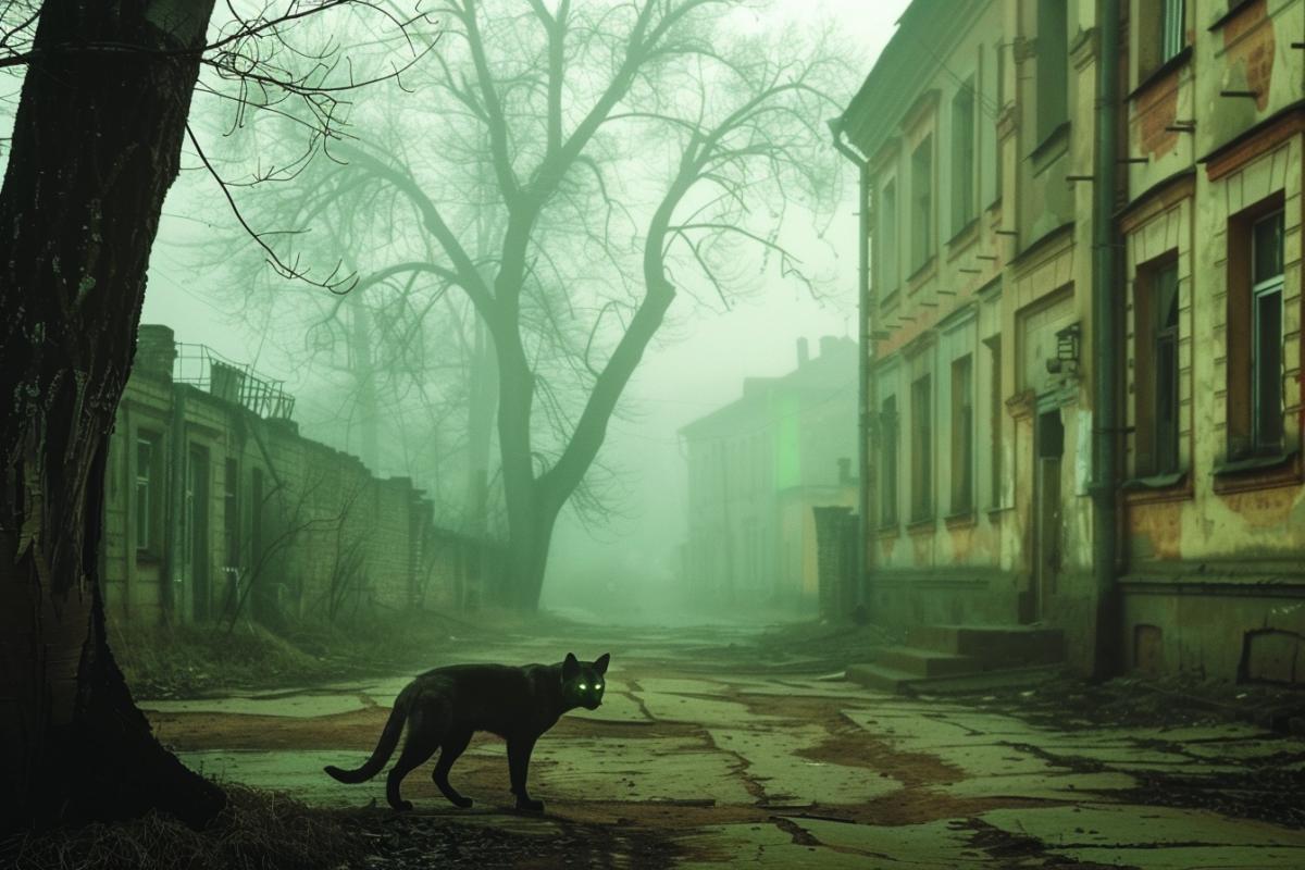 An abandoned city, at dusk, illuminated by green radioactive luminous fog, on the street there is a lonely dark dog with glowing green eyes, melancholy, mystical horror