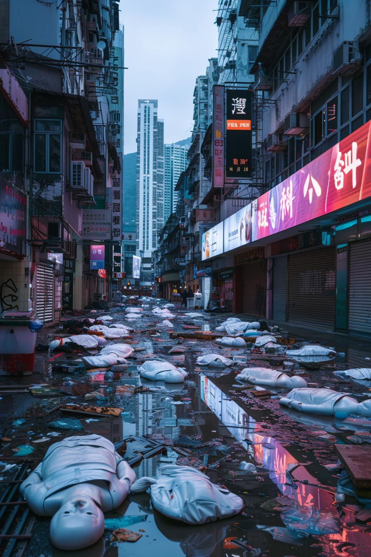 Forbidden zone contrast of luxury high buildings working neon advertising no people and wet broken dirty streets plastic thousand mannequins lying everywhere clear twilight