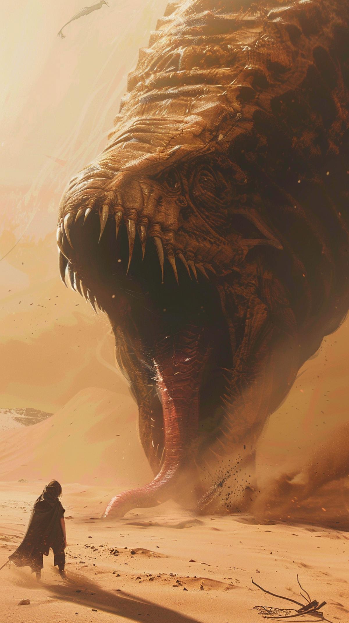 a tiny fremen warrior from dune in a vast sand desert with a giant ferocious sand worm like in the movies coming out of the sand towering over the warrior. The vibe is dark, wasteland, and chaotic. there is a slight sandstorm going on as well v 6 ar 9:16