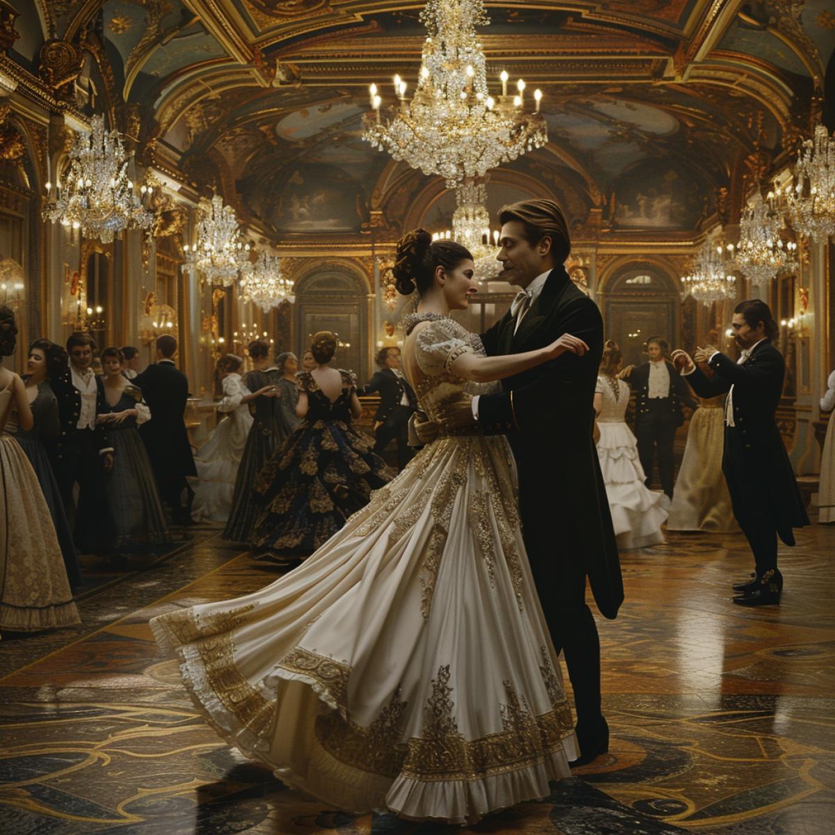 A couple is spinning in a waltz in 19th century clothes, other couples are waltzing around, a luxurious old mansion, expensive clothes, an ordetailedra is visible. 4K photo quality, lots of details, studio lighting.