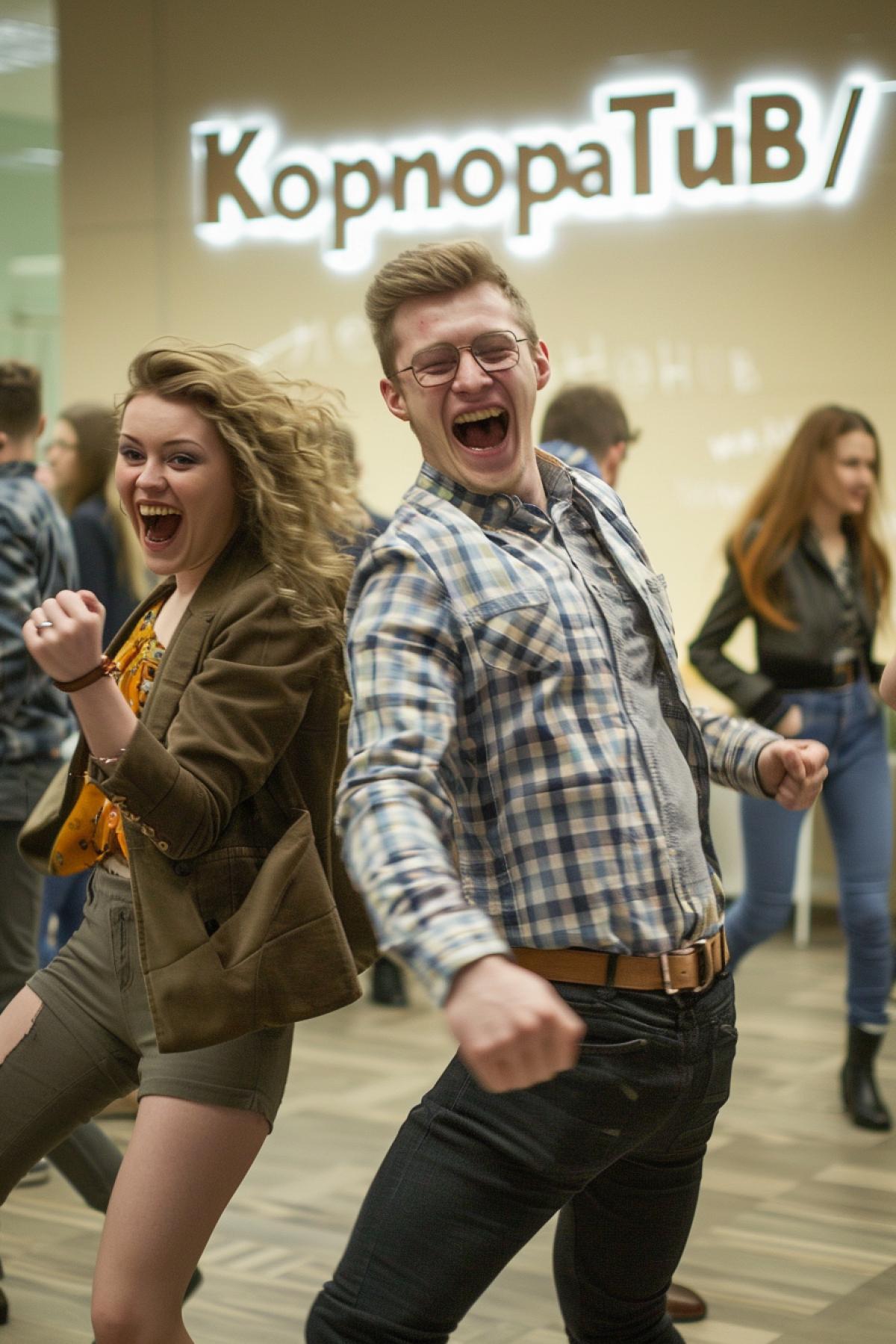 Party of drunken dancing people in office interior inscription on wall \"KopnopaTuB\" joy happiness