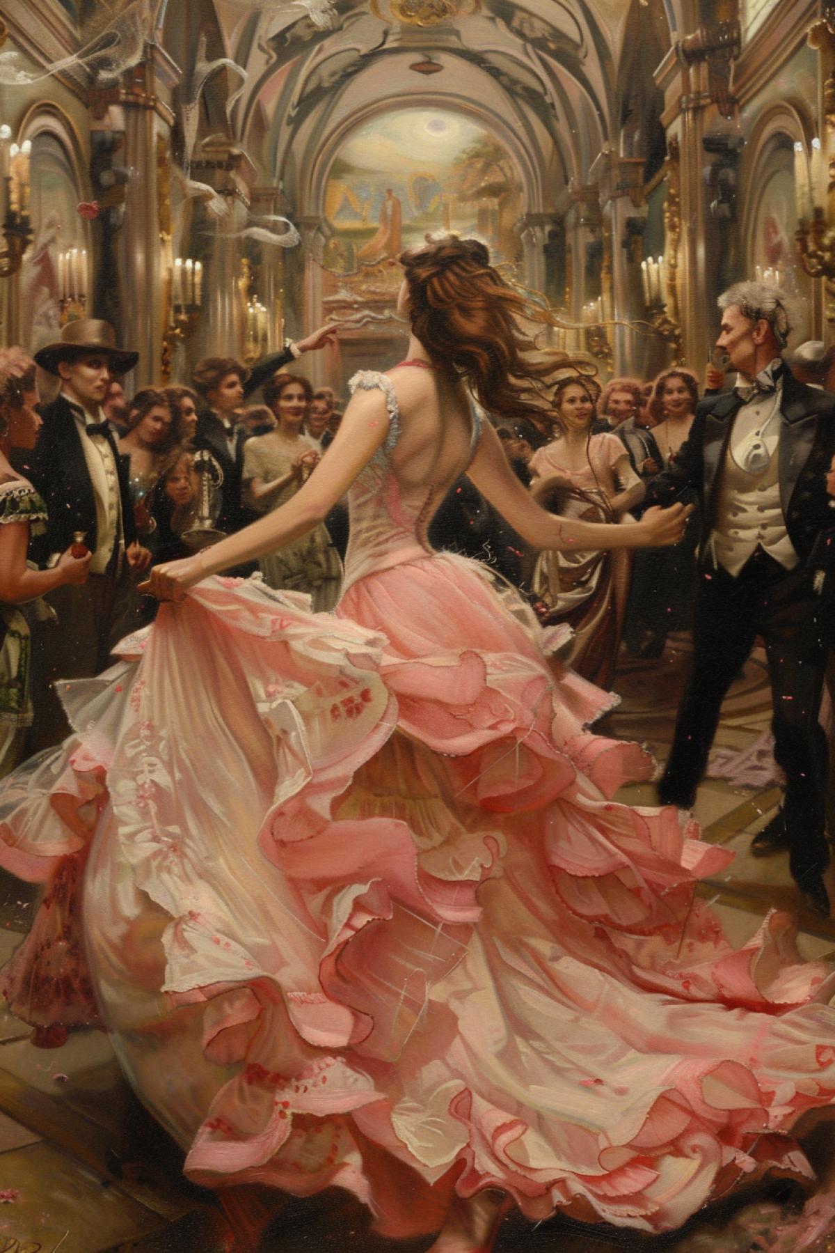 Ball, large hall, many people, A woman in a pink and white dress dances at a ball, luxury, mystery, secrecy