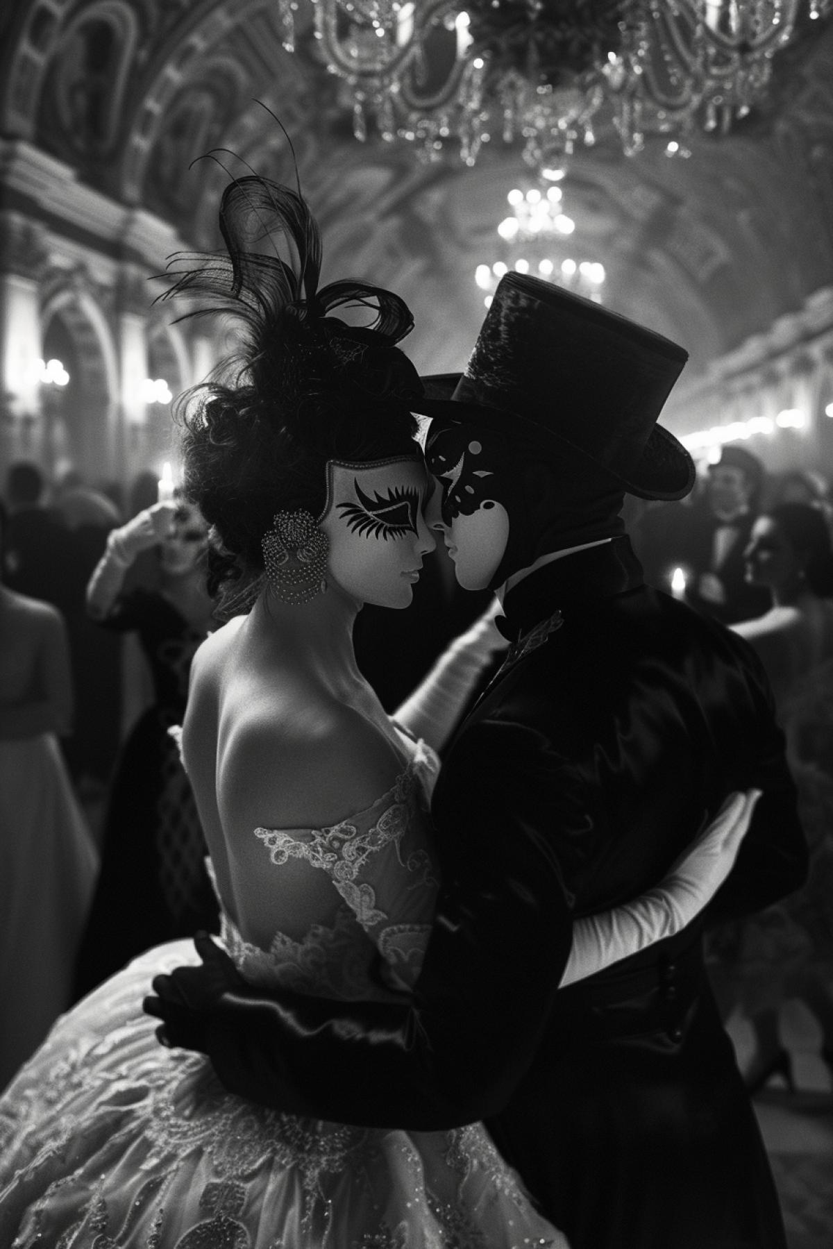 photo, night, large hall, candles, elegant masquerade, ball, many men and women in masquerade dark and white domino costumes, dark and white masks, dancing couples, waltz, bat against the moon, cinematic, hyperrealism, detail