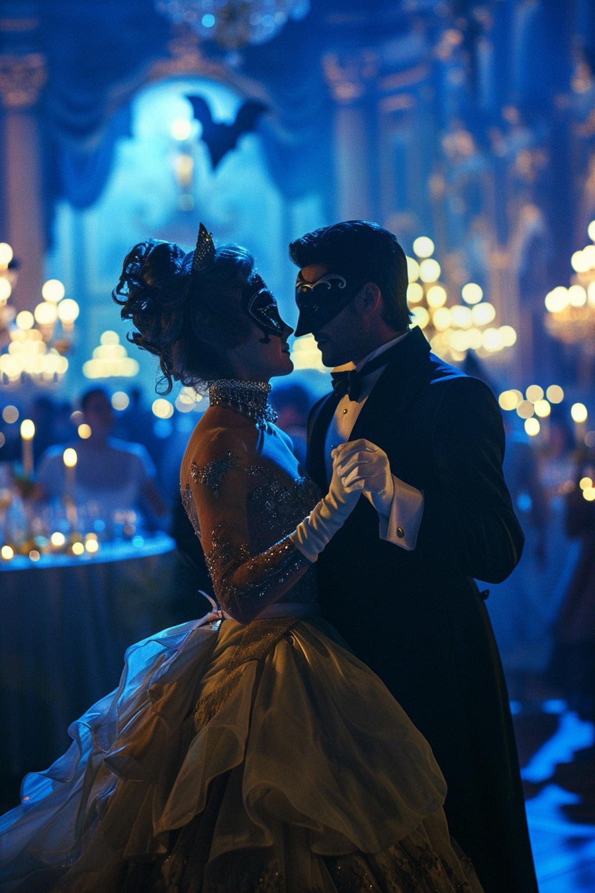 photo, night, large hall, candles, elegant masquerade, ball, many men and women in masquerade dark and white domino costumes, dark and white masks, dancing couples, waltz, bat against the moon, cinematic, hyperrealism, detail