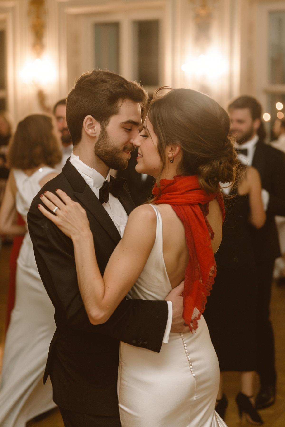dark and white mambo dancing party beautiful couple dancing in the middle people dancing around men wearing tuxedo ladies wearing white dresses the only one lady wearing red scarf cinematographic light ballroom