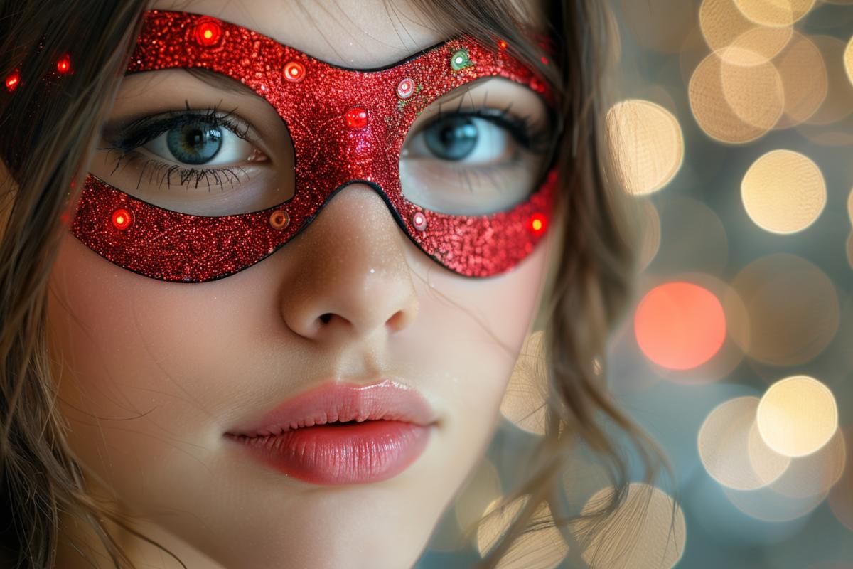 Venetian carnival, men and women in antique ball gowns and Venetian masks, in jewelry made of precious stones and multi-colored feathers, dance couples on the streets of Venice, decorated with multi-colored shining lights, summer night, holiday, mystery, masks, attraction