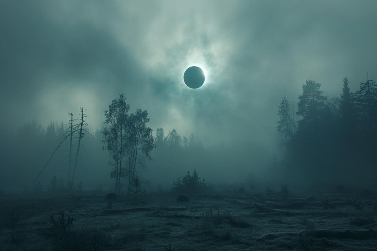 Solar eclipse in the swamps of Karelia, mysterious fog
