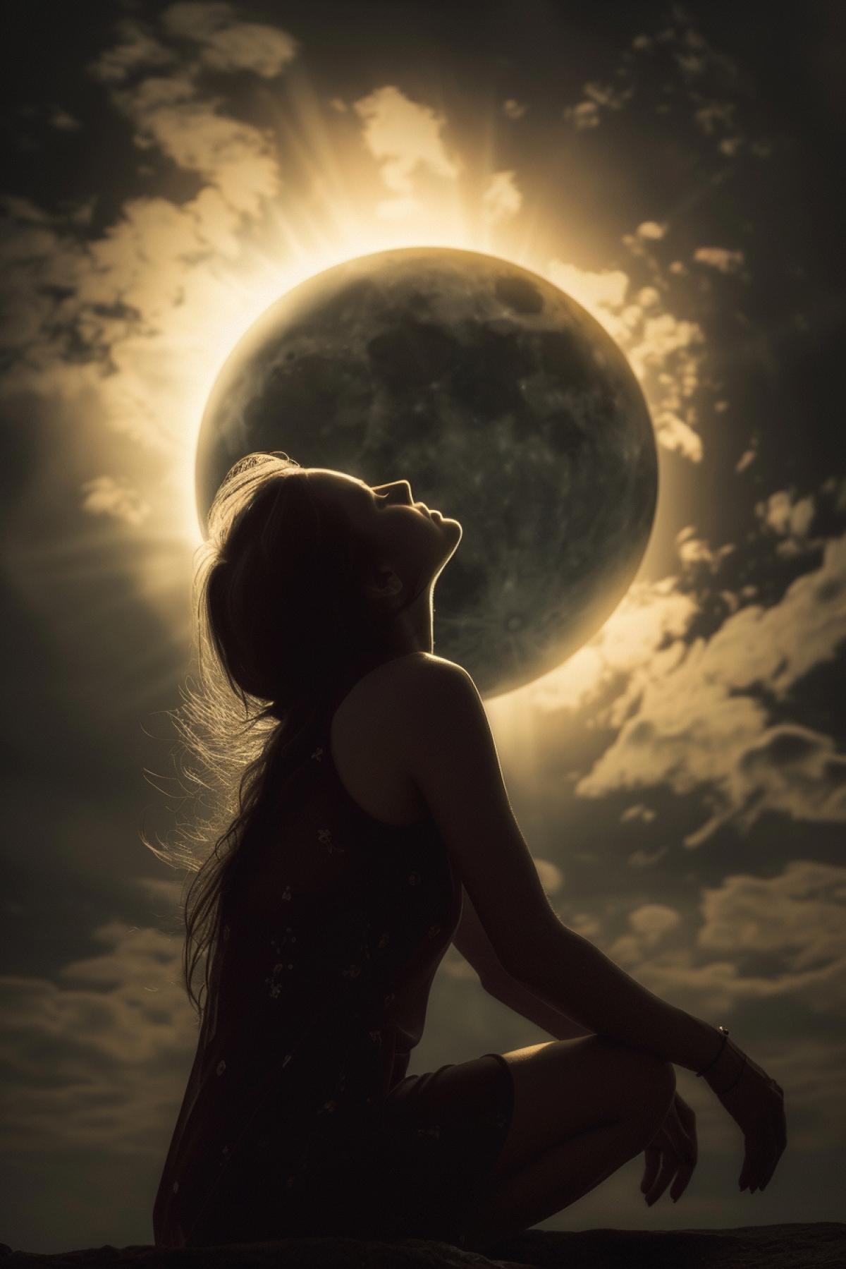 eclipse image, woman using eclipse energy to gain strength and feel happier