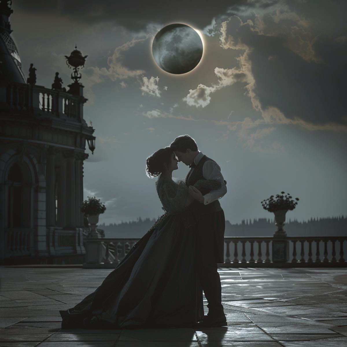 During the eclipse, a couple waltzes in 19th-century clothes on the square in front of a luxurious old mansion, expensive clothes. 4K photo quality, lots of details, studio lighting.