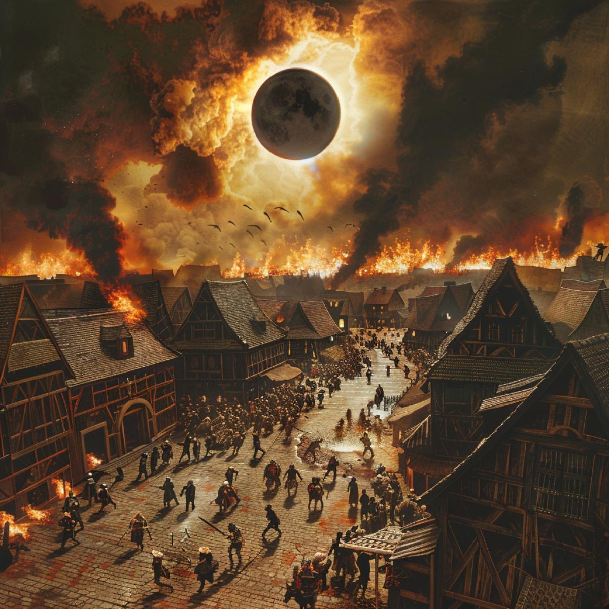 total solar eclipse, epic sky, burning wooden buildings, people running in panic, medieval style, fantasy style, aerial view