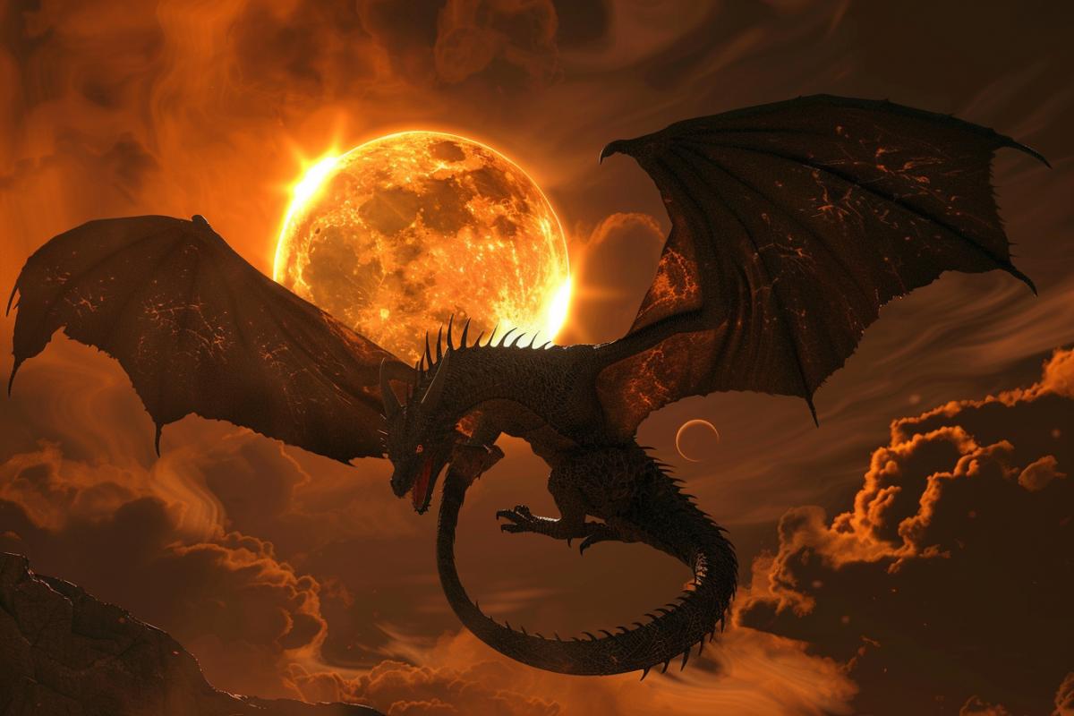 Lethin dragon against the backdrop of a solar eclipse
