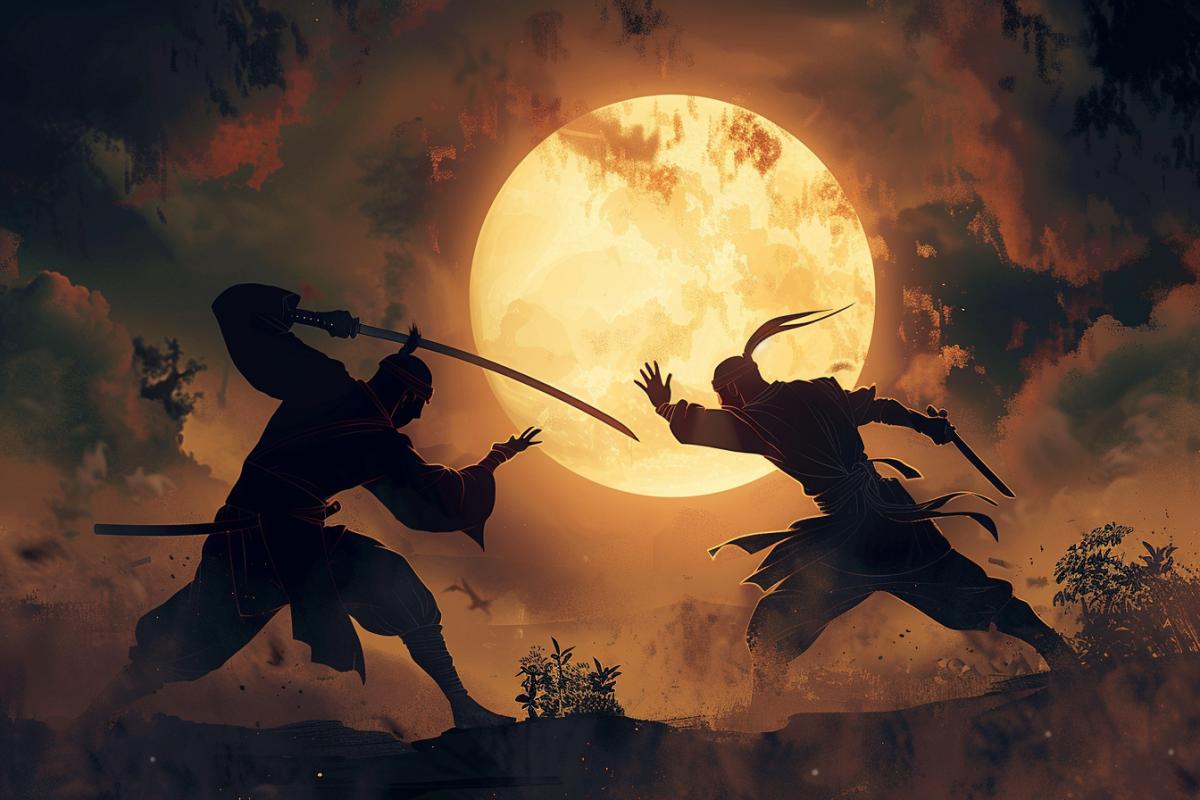 Two ninjas fight against the backdrop of an eclipse