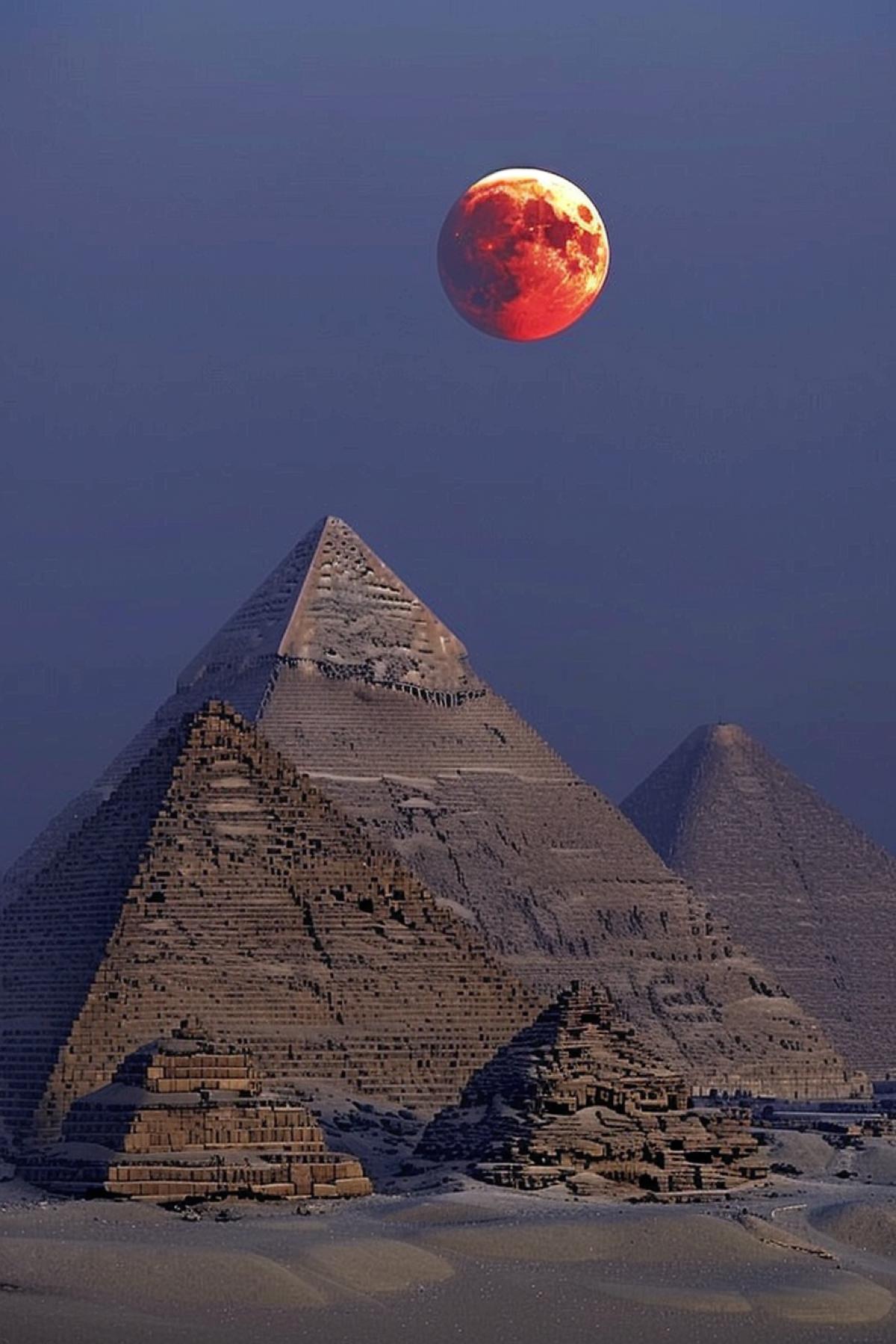 ominous lunar eclipse over the Egyptian pyramids, beautiful desktop wallpaper, photorealistic