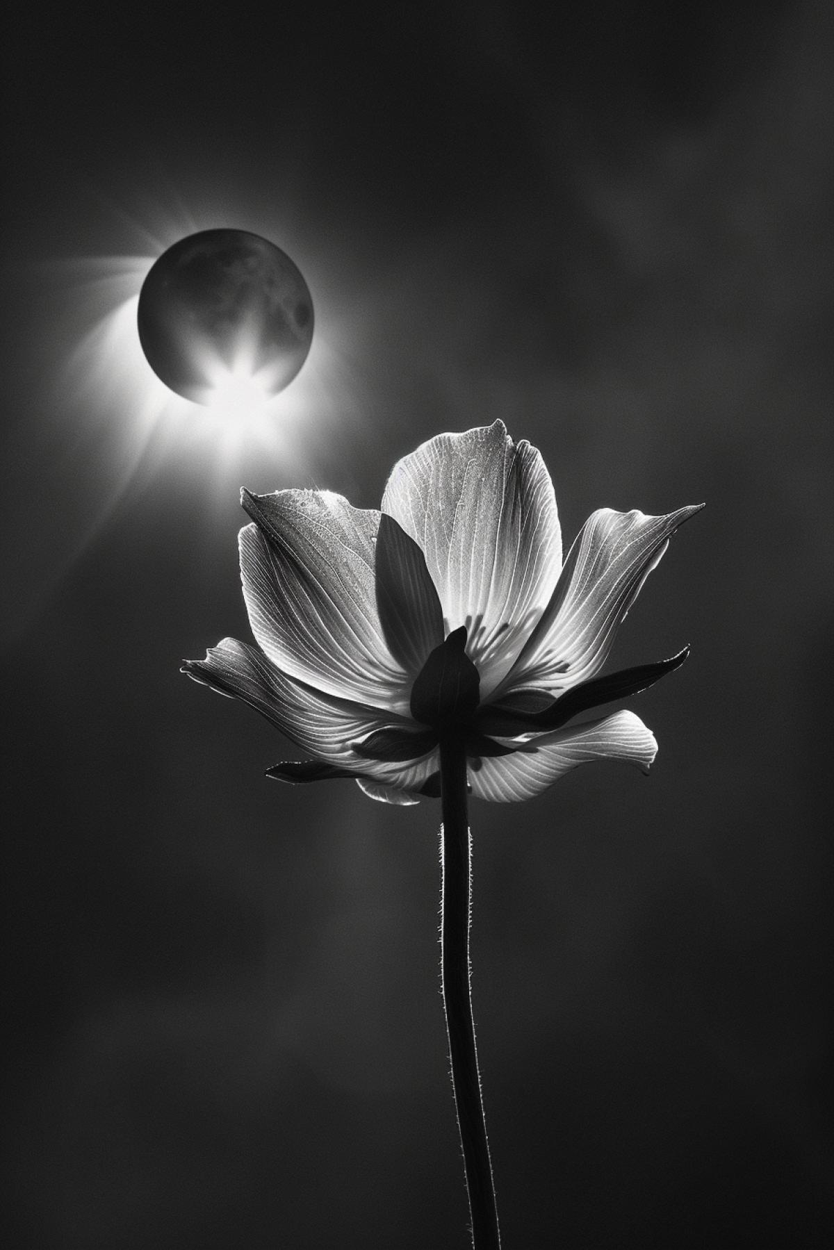 eclipse city ​​in darkness, sun rays seep through the moon disk to the flower