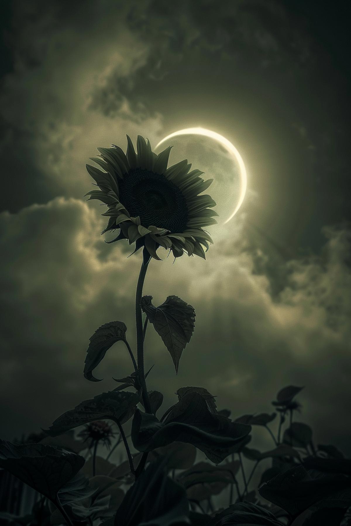 eclipse city ​​in darkness, sun rays seep through the moon disk to the flower
