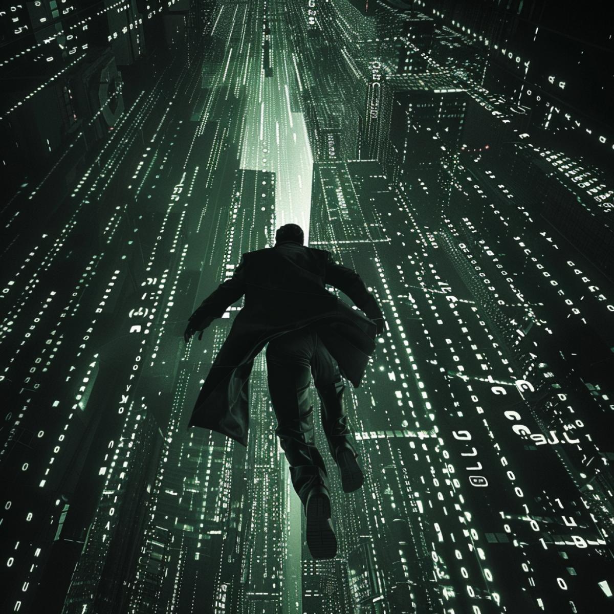 Binary code, a man running through a skyscraper, overcoming the force of gravity, in the Neo style, in the style of the Matrix movie