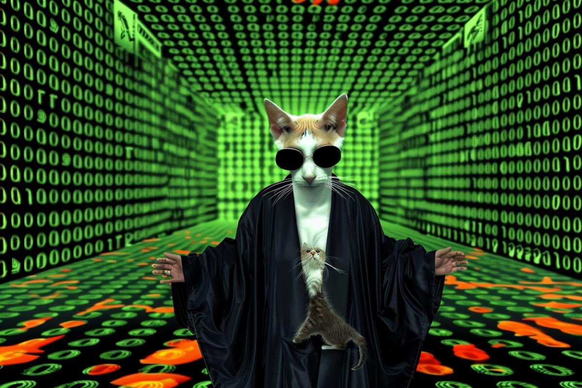 The Matrix, cat chef in the style of the film Matrix