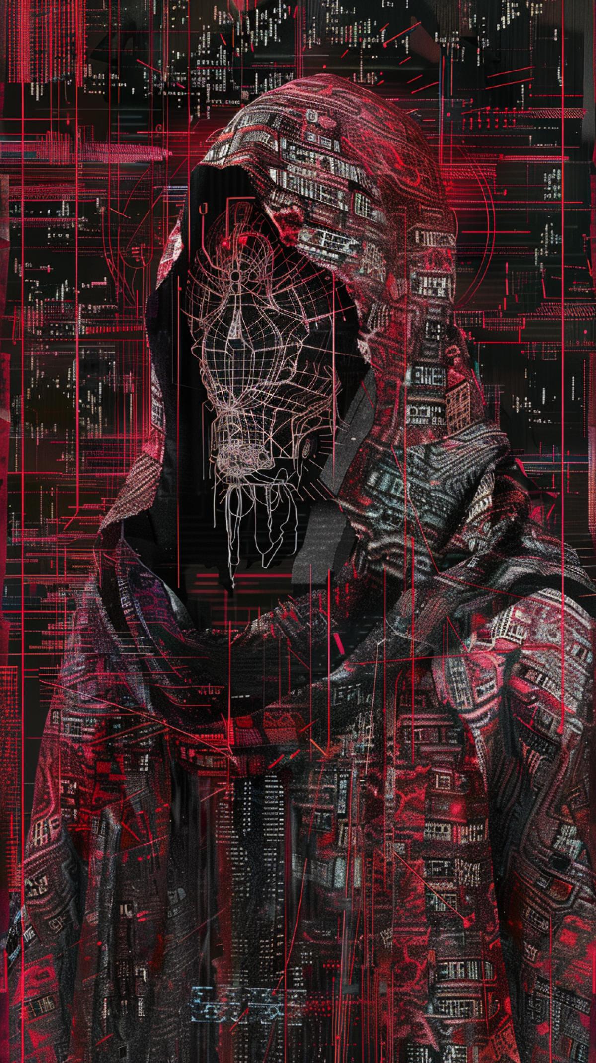 Horrorbusinesspunk technomancer, creased crinkled wrinkled layered textured robes, intricate ritualistic mask, virtualcore digital city of binary code, mesmerizing dot matrix barcode data flow generative art patterns style raw c 25 s 1000