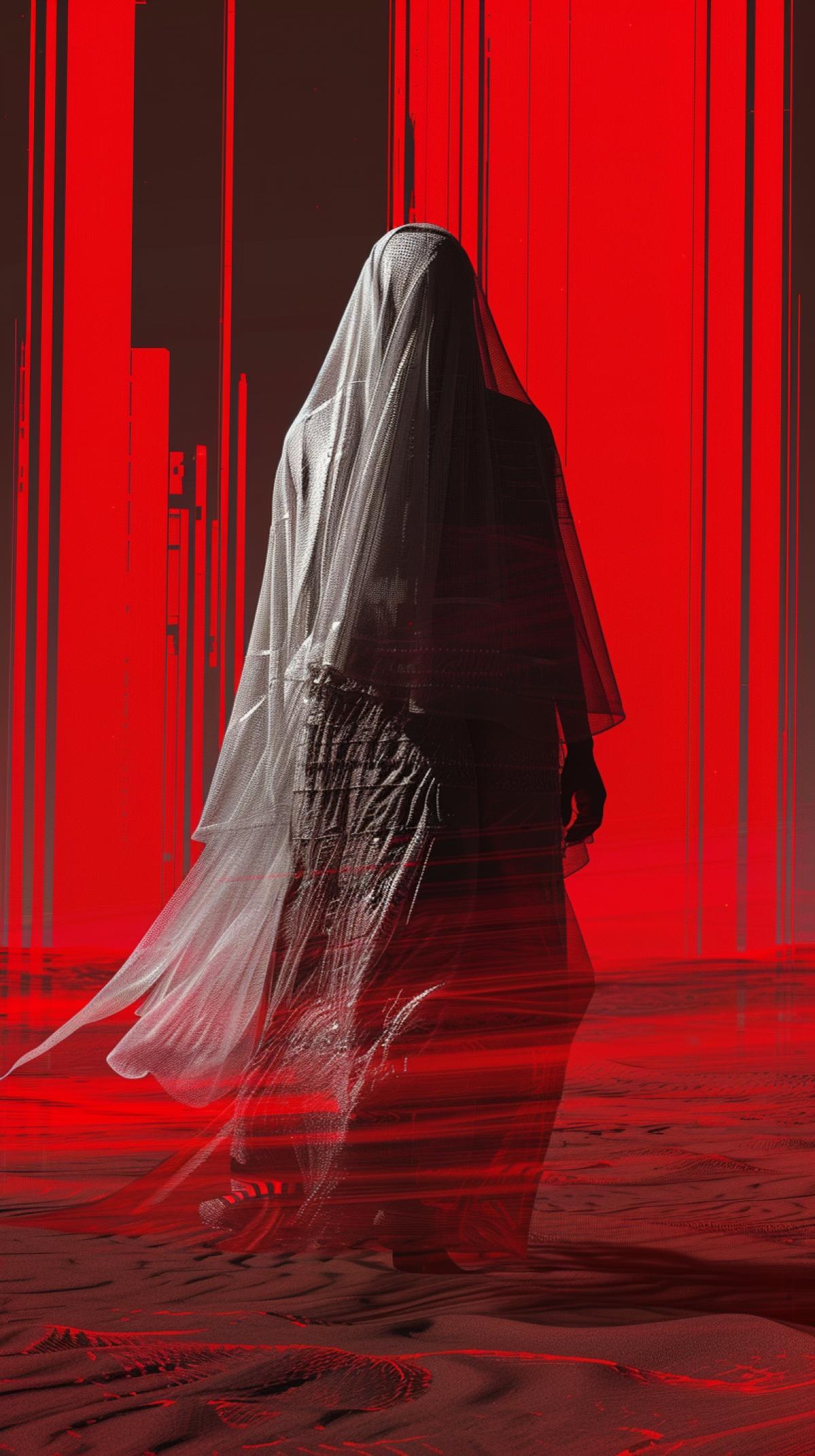 No face viewed through the subliminal glitchy layered matrix inspired cyberpunk, dark haunting white with dark, scream through the void, with pops of red, woman vogue model flowing v for vendetta transparent veil, full body shot, dancing, in a desert night, hyperrealistic, high contrast, 8k, cinematic, ultra hd, inspired by x copy and beeple ar 10:14 weird 100