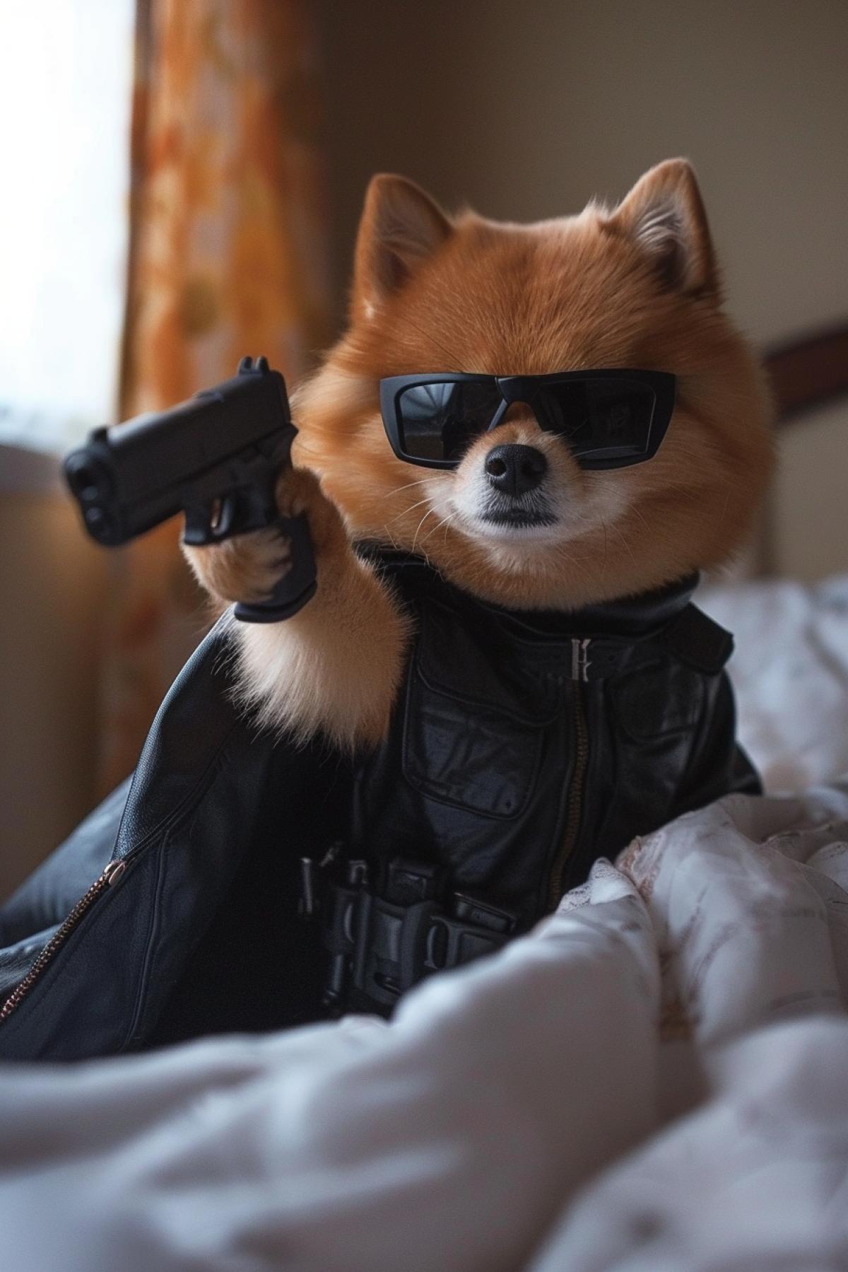 Pomeranian in dark glasses and leather cape in a dynamic gunfight scene, in slow motion, in the style of the Matrix movie