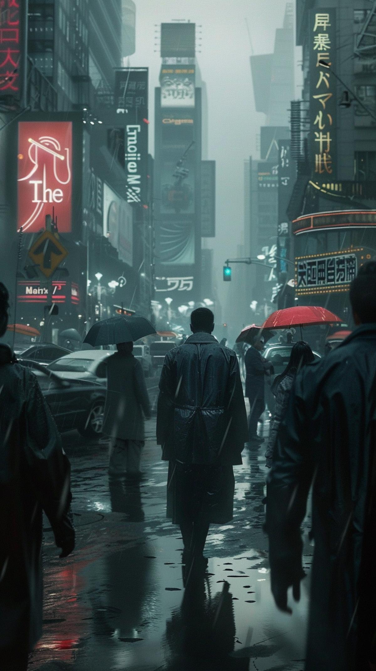 People in suits and raincoats walking along a rainy road in a busy cyberpunk city in the style of the movie \"The Matrix\" look at the camera authoritarian conformism