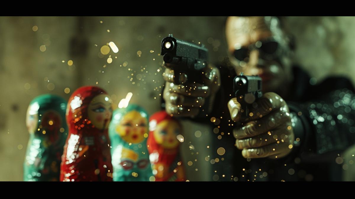 In the style of the film The Matrix, nesting dolls in a shootout