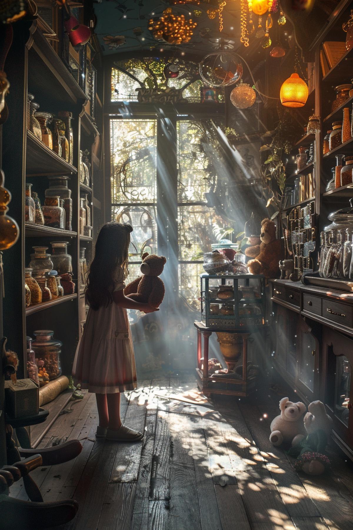 A girl holds a teddy bear by the paw while standing at the entrance of a magic items store between the shelves going beyond the horizon, the atmosphere of a childrens fantasy, warm lighting, high-definition photography.