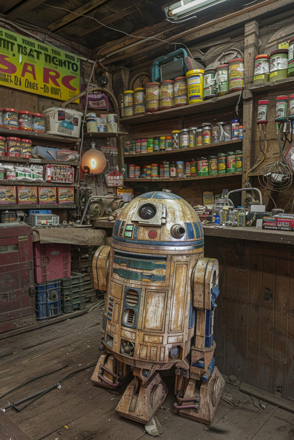 An android robot picks out parts in front of a counter in a store, with gears, light bulbs, wires and various electronics on the shelves