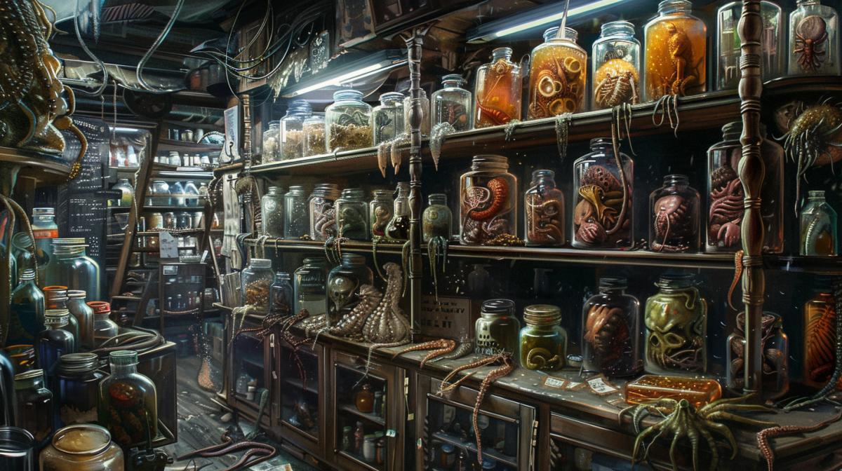 Unusual store, Store shelves, on the shelves there are jars with different limbs and organism of people, high quality, good detail, creepy atmosphere, Stephen King, comic art