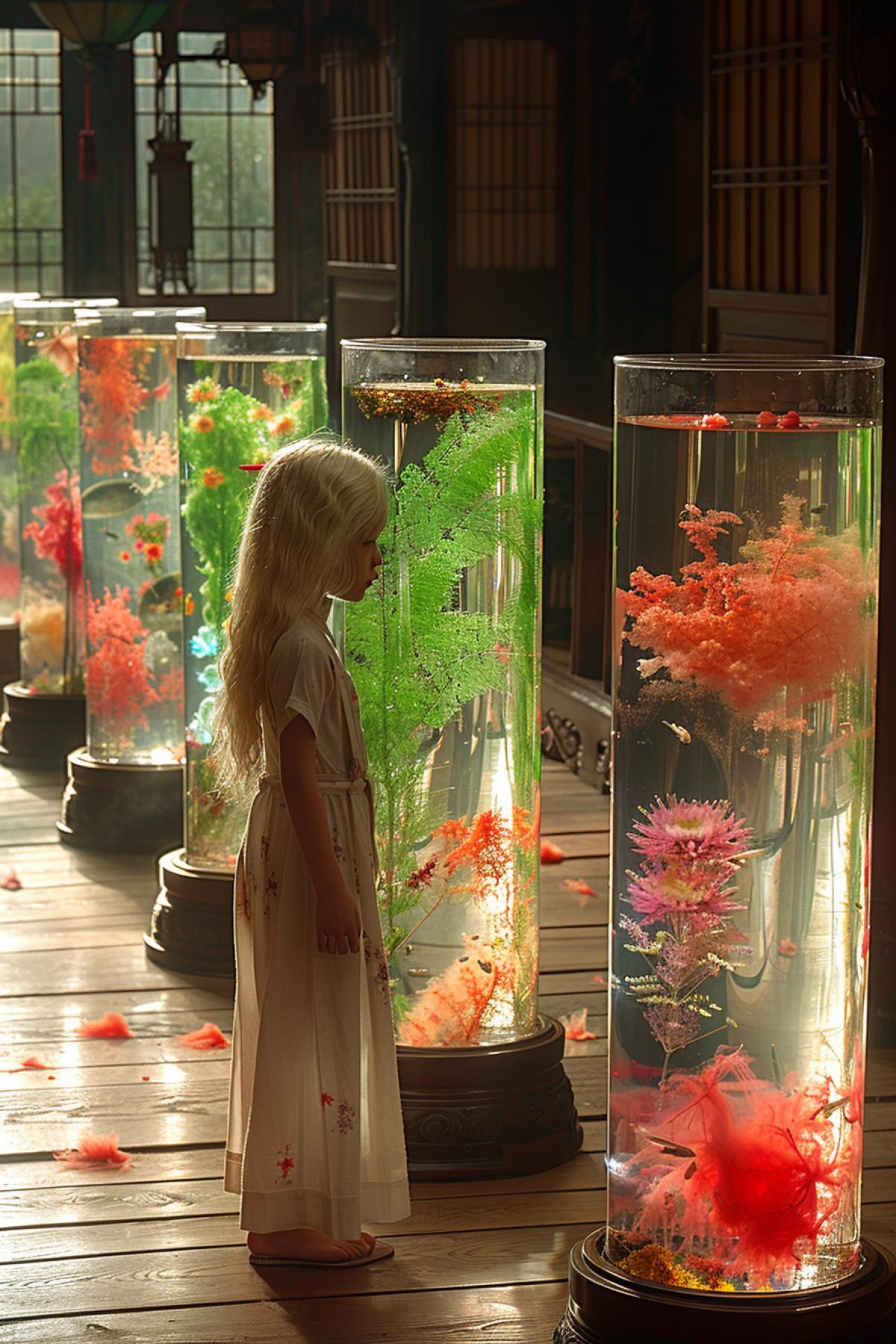 a young man in overalls stands in a store where they sell fragments of space with nebulae and planets in transparent jars, buys a jar with space, many shelves with jars with space