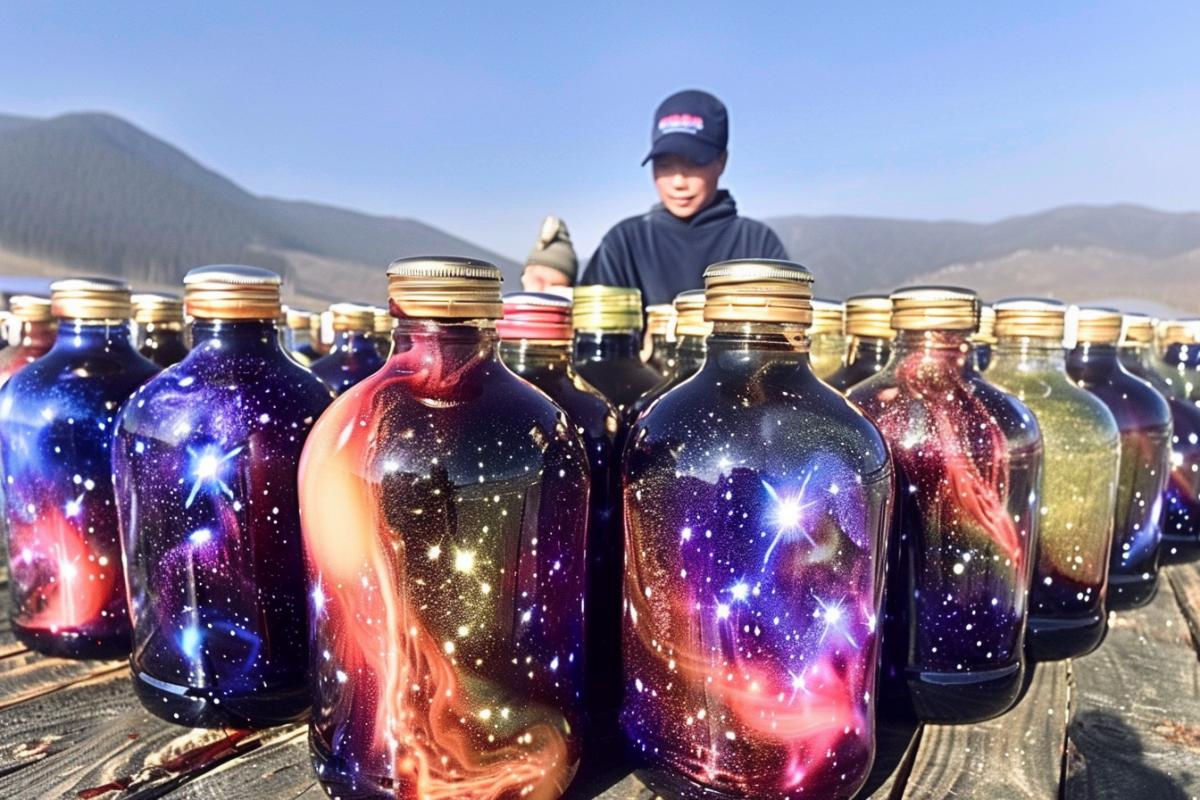 Galaxy bottle market, lots of Purple galaxy bottle, the boy buys big galaxy bottle