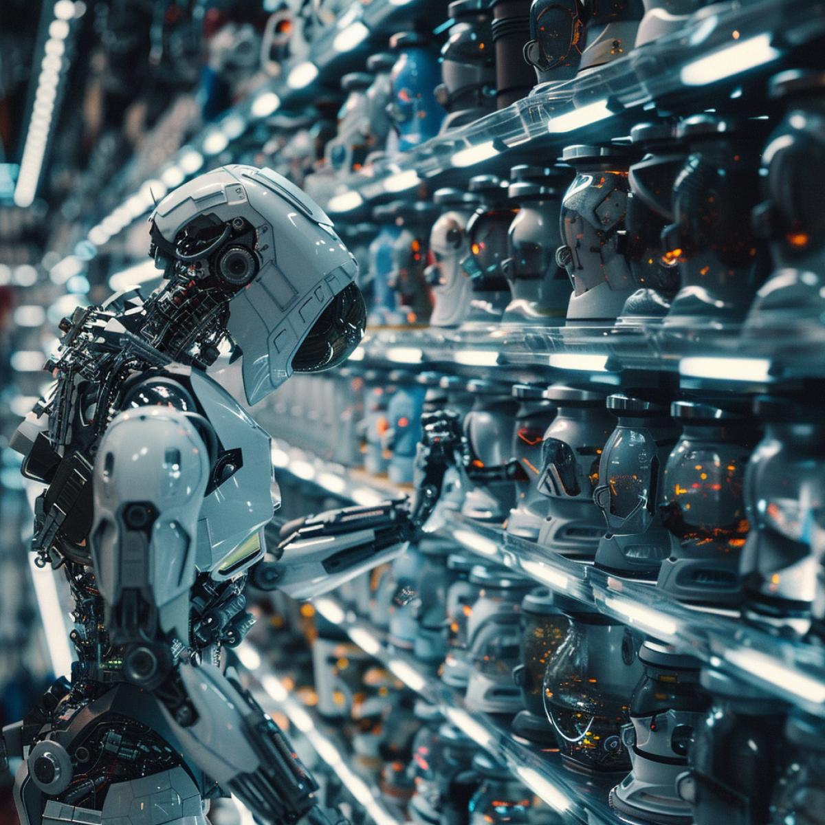a cyborg in a huge store chooses new spare parts for himself, eyes, arm, leg, in a futuristic style, aerial view
