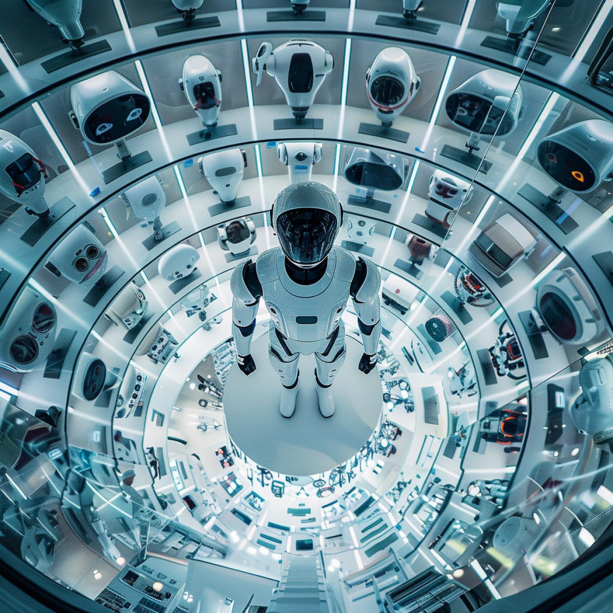 a cyborg in a huge store chooses new spare parts for himself, eyes, arm, leg, in a futuristic style, aerial view