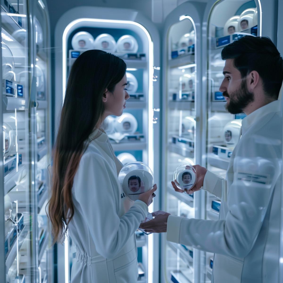 a young married couple in a large store chooses a child for themselves, many embryos are on the shelves in capsules, under each embryo there is a photo of an 35 years old, in the style of the future