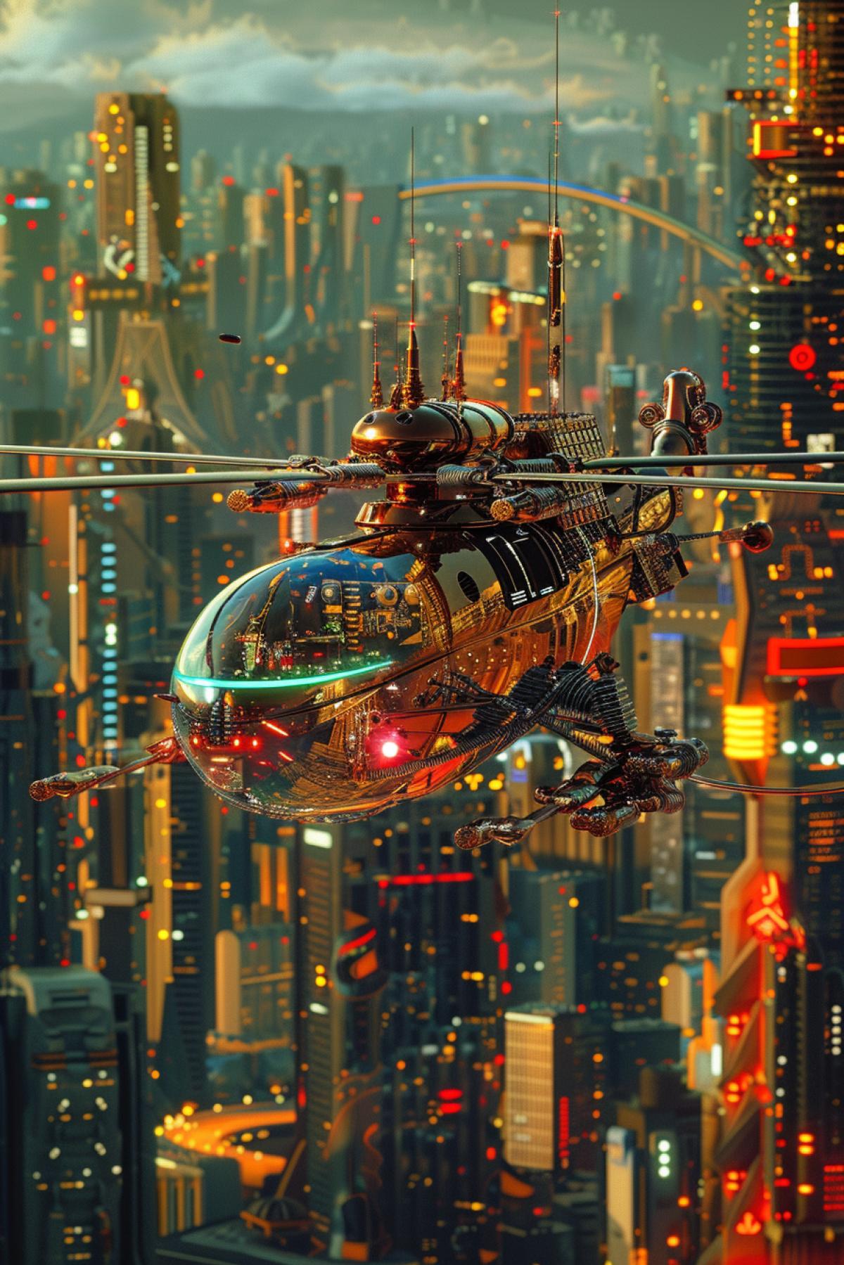Futuristic individual chopper bizarre futuristic propellers detailed mechanism over cityscape vibrant colours dynamics rush cyberpunk lots of details