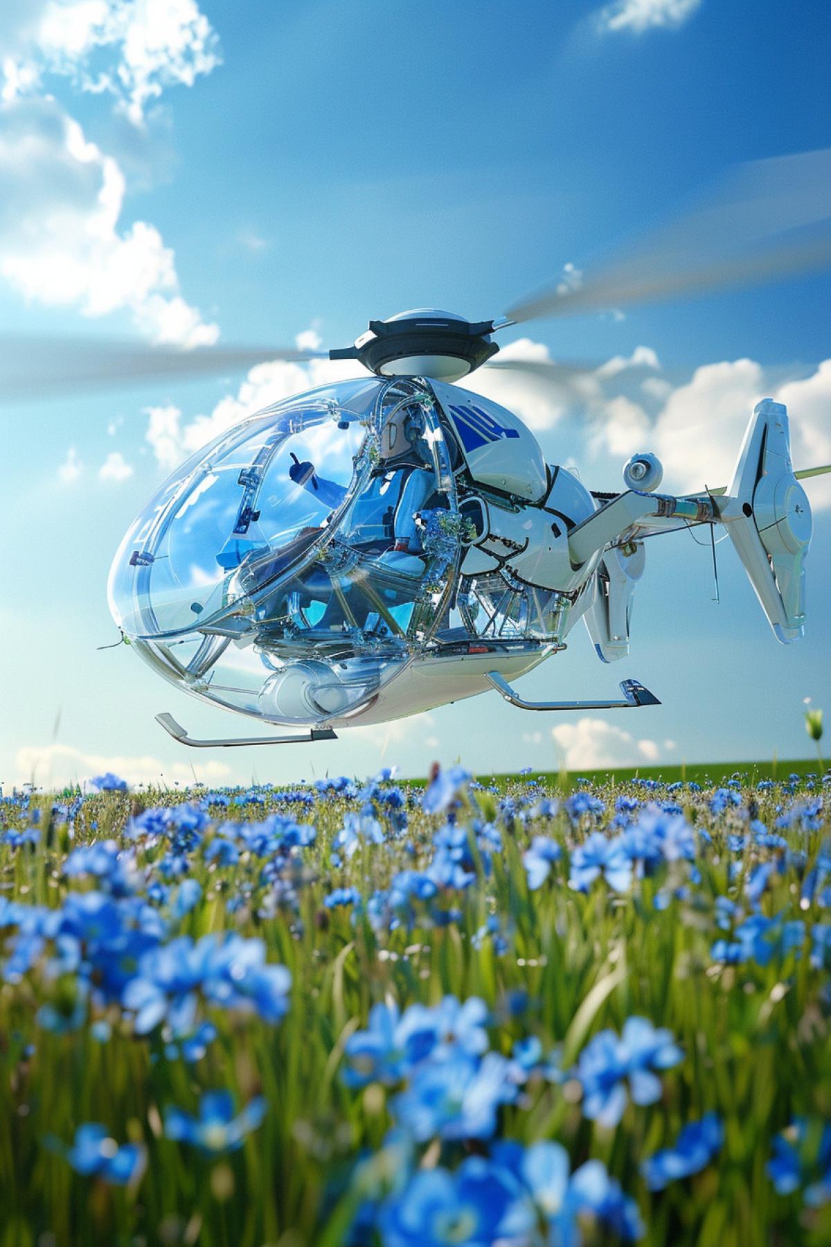 Futuristic Mini chopper for only one pilot all made of transparent plastic strange bizarre details flying high above over field of forget-me-nots beautiful pilot seen inside summer sunny day low side view