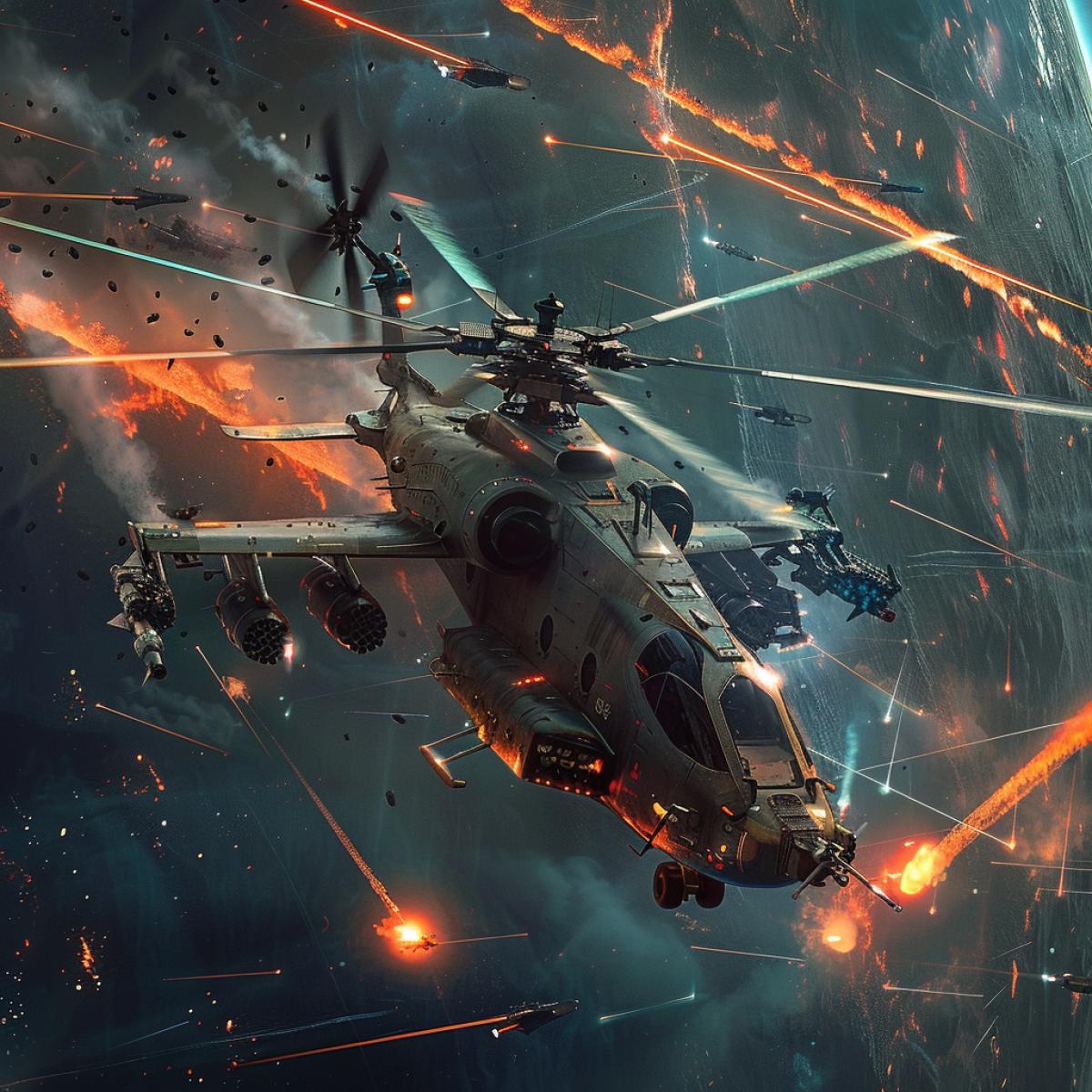Cargo military transport helicopter with laser weapons, in the style of fantasy, in the style of another planet