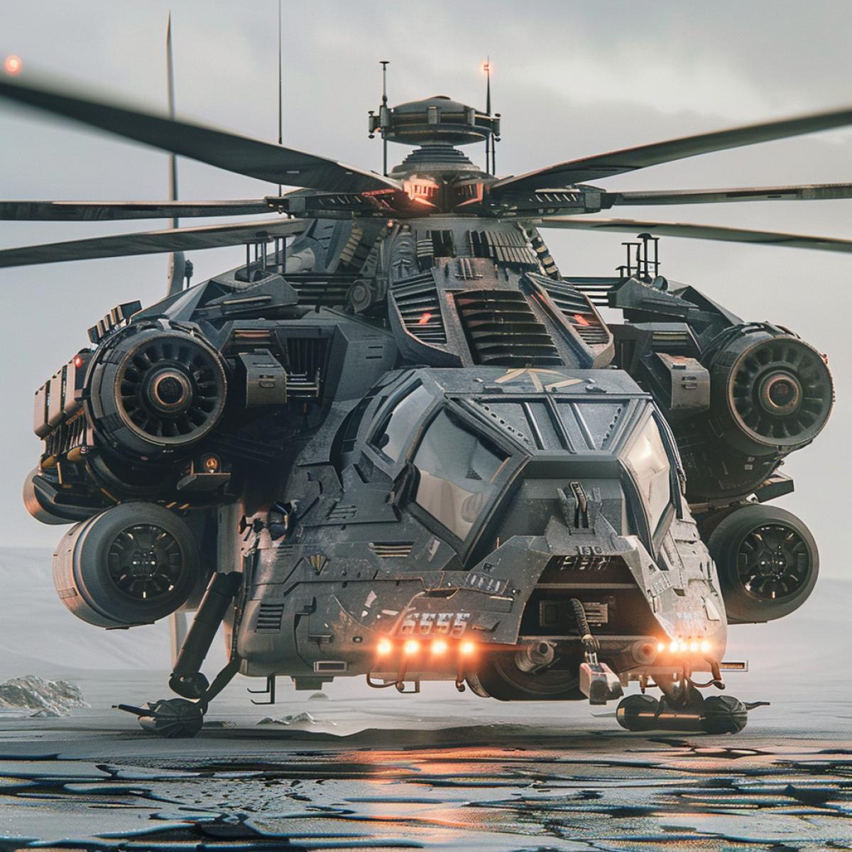 Cargo military transport helicopter with laser weapons, in the style of fantasy, in the style of another planet