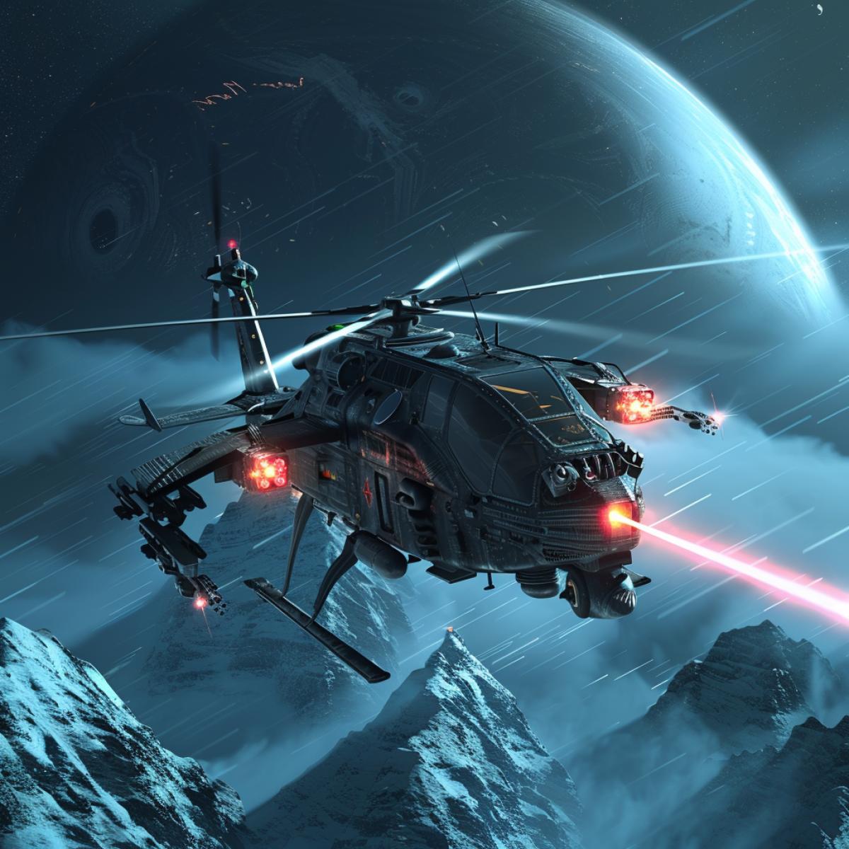 Cargo military transport helicopter with laser weapons, in the style of fantasy, in the style of another planet
