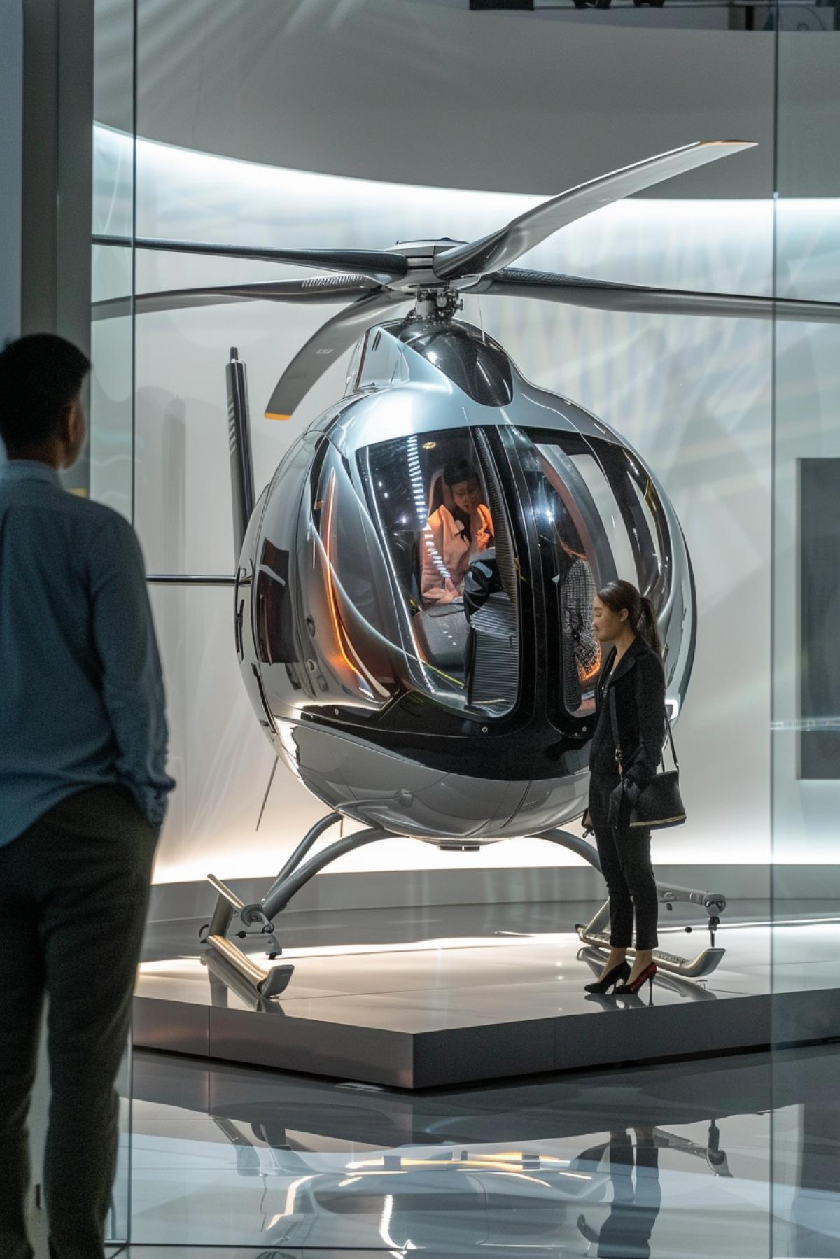 futuristic concept of individual helicopter on podium in exhibition pavilion on podium detailed technical photo beautiful couple watching it realistic