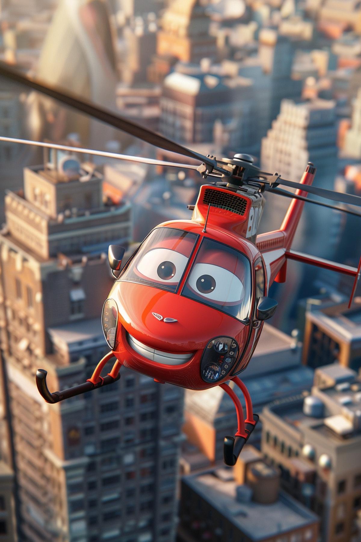 Funny alive cartoon helicopter flying over city looking around smiling 3d animation illustration Pixar studio