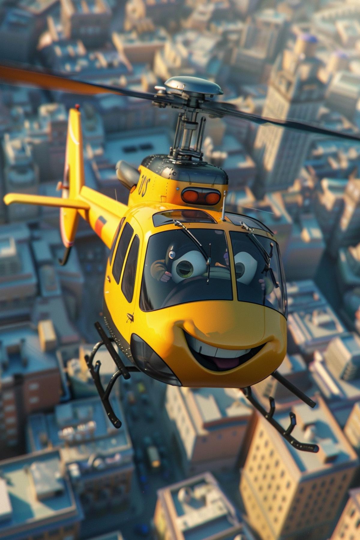 Funny alive cartoon helicopter flying over city looking around smiling 3d animation illustration Pixar studio