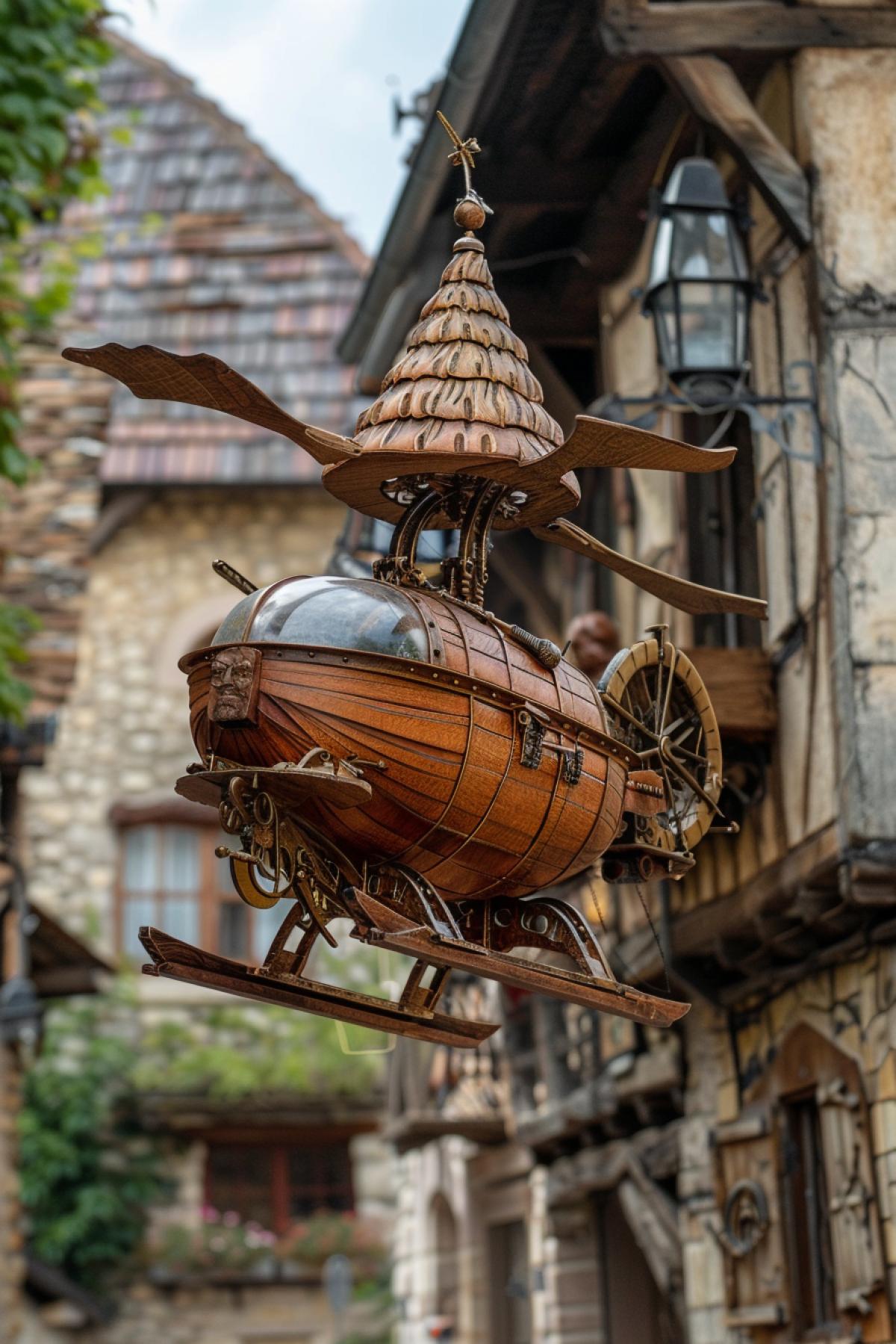 Medieval helicopter built of polished wood wooden mechanism wooden propellers rotating flying over medieval village