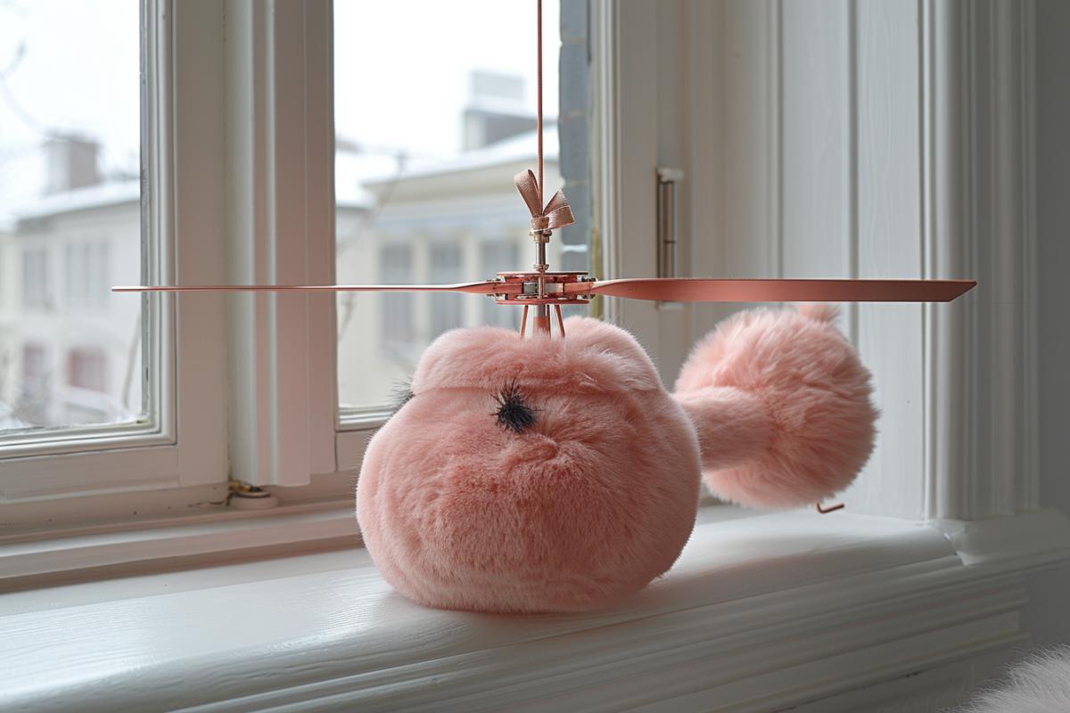 Fun helicopter made of pink plush. Very fluffy and cuddly.