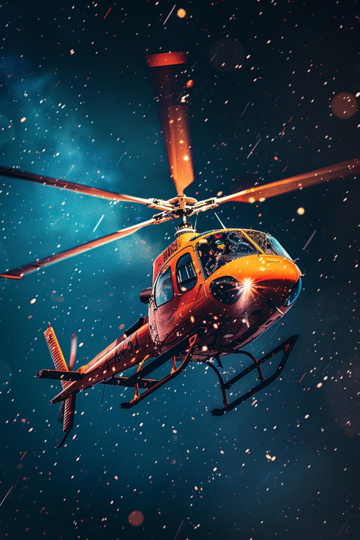 Futuristic fantastic two colours dark and orange s bizarre helicopter giant leading propeller several additional stabilizing propellers in the night starry heaven above ground far beyond cinematographic light technical photo low side view