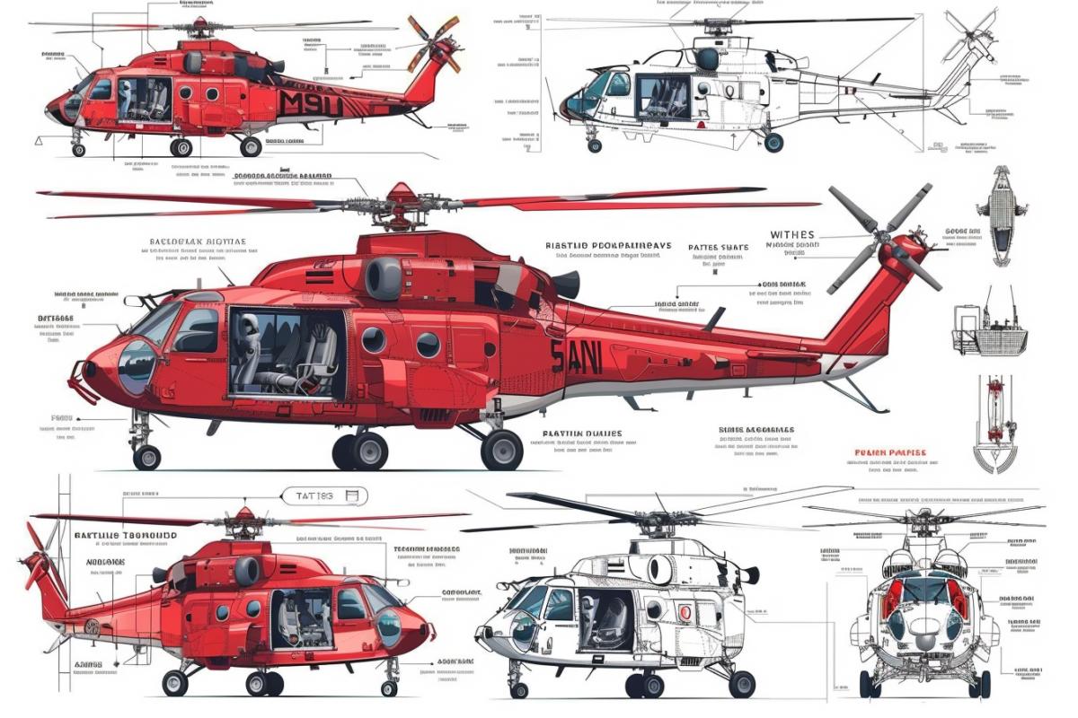 A character sheet of helicopter with various angles and full body views. Infographic diagram, details such as his utility . 3D style, perfect lines, highly polished surfaces, white background