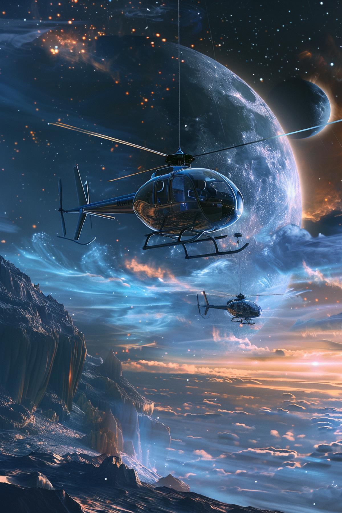Transparent futuristic wholeglass helicopters attack on the extraterrestrial village alien skies several moons in sky panic rush epic dynamics