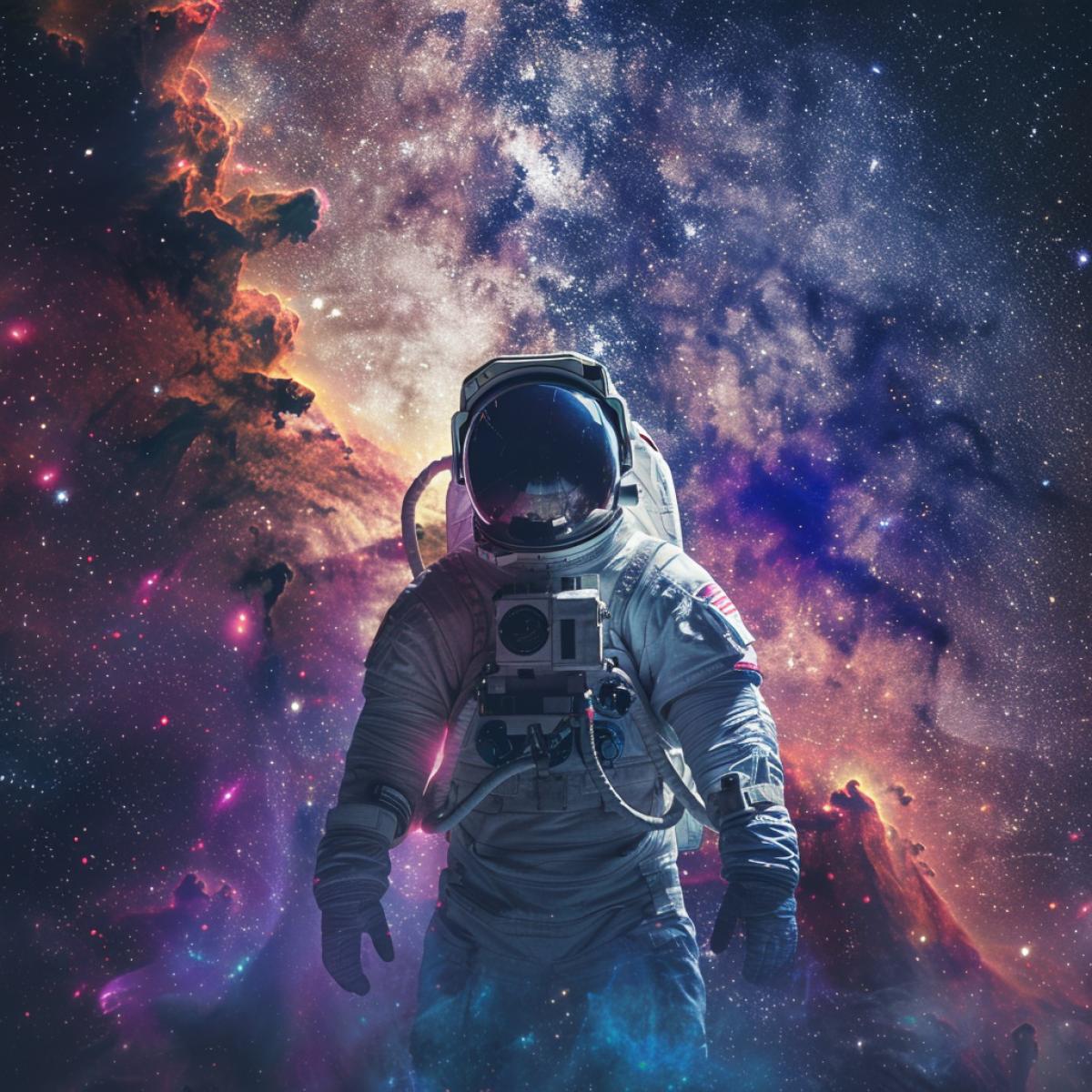 an astronaut on the background of a spaceship powered by the energy released by the collision of matter and antimatter, the Milky Way galaxy is visible, colorfully, insanely beautiful space
