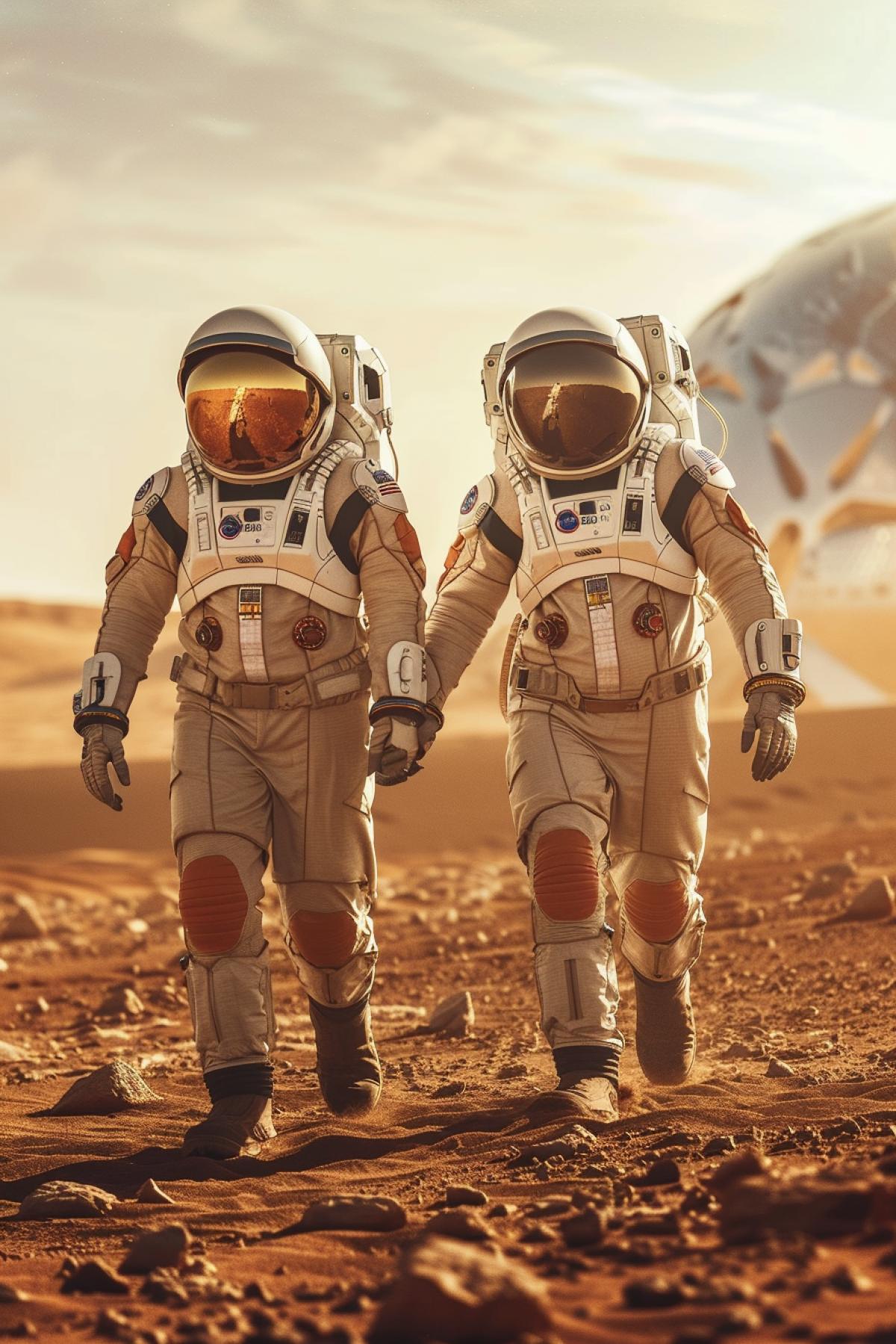 joyful and beautiful man and woman astronauts, smiles on their faces, walk without helmets, holding hands, walking along the red sand of the planet Mars, the transparent domes of the space station are visible far away, wide plan